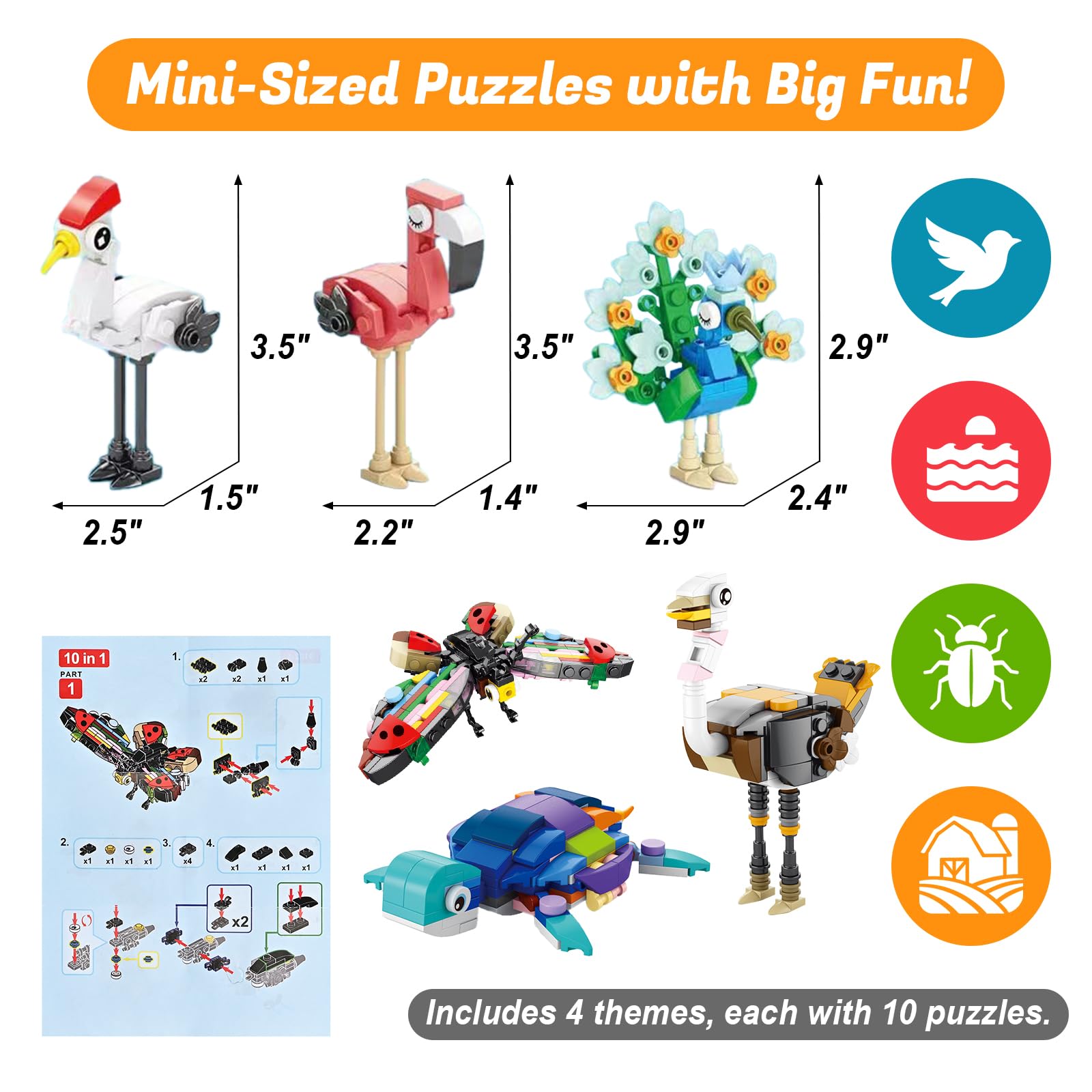 40 Packs Party Favors for Kids – 999+ PCS Animal Building Blocks, 4 Themes: Ocean Birds Insects Farm – DIY Toys for Boys Girls Ages 6-12, Goodie Bag Stuffers, Classroom Prizes, Easter Basket Stuffers