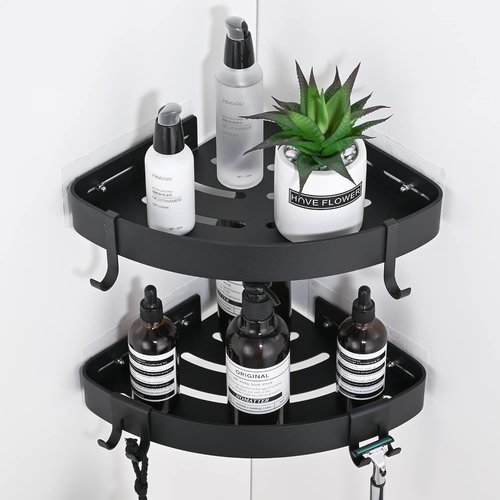 DUFU Adhesive Corner Shower Caddy - No-Drill Rust-Proof Aluminum Organizer | 2-Pack Black