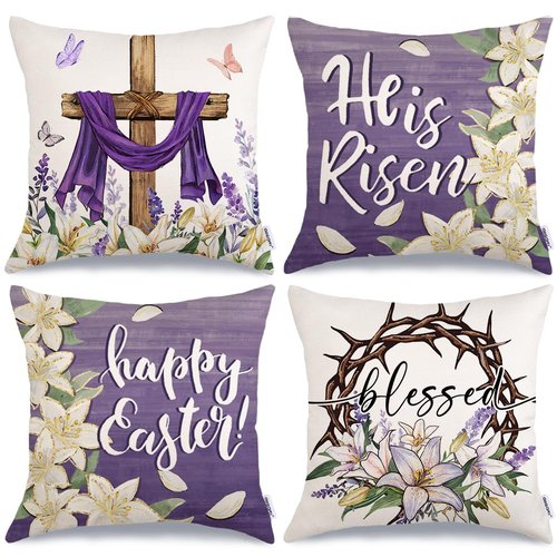 GEEORY Happy Easter He is Risen Throw Pillow Covers 18x18 Inch Set of 4, Cross Flower Wreath Blessed Spring Decorative Farmhouse Holiday Cushion Case for Home Decoration (Purple) G680-18