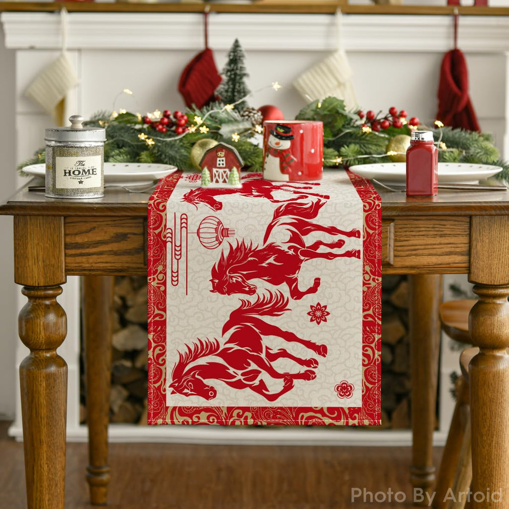 Artoid Mode Propitious Clouds Chinese Zodiac Horse Happy 2026 Lunar New Year Table Runner, Spring Festival Winter Kitchen Dining Table Decoration for Home Party 13x72 Inch