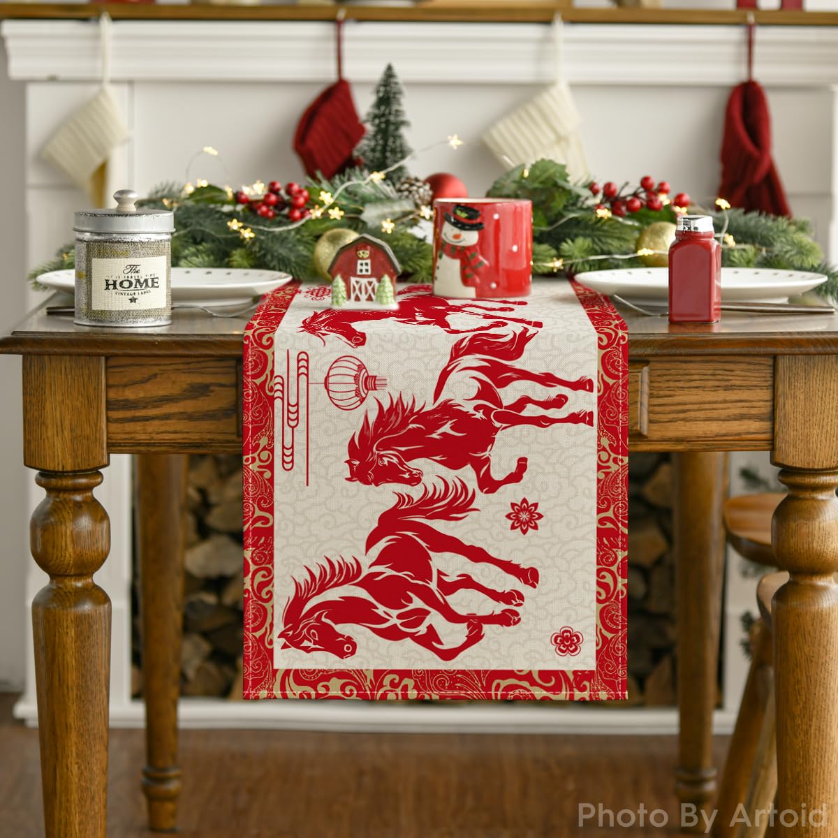 Artoid Mode Propitious Clouds Chinese Zodiac Horse Happy 2026 Lunar New Year Table Runner, Spring Festival Winter Kitchen Dining Table Decoration for Home Party 13x72 Inch