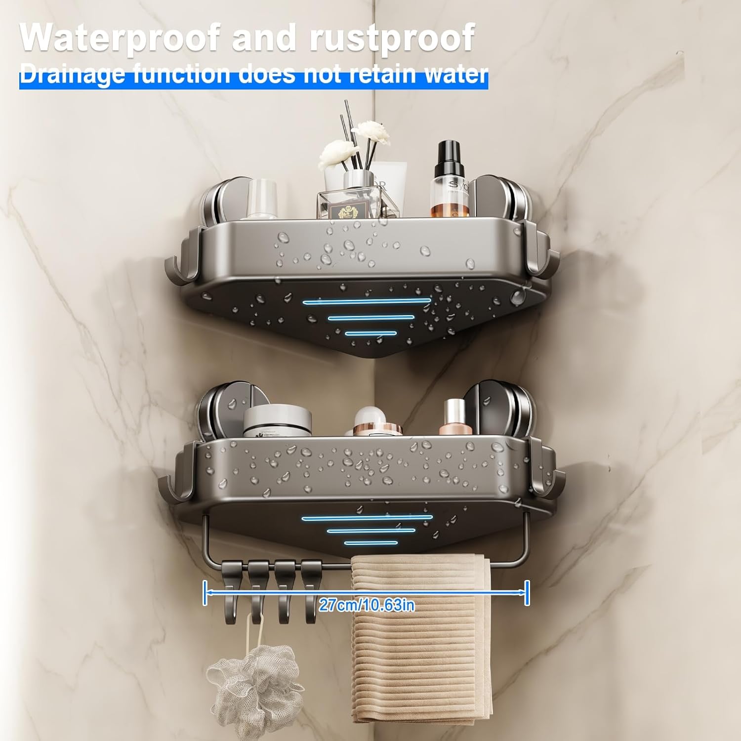 Mustorn Suction Cup Shower Caddy - Rustproof Corner Organizer with Towel Holder & Hooks | 2 Pack (Gray)