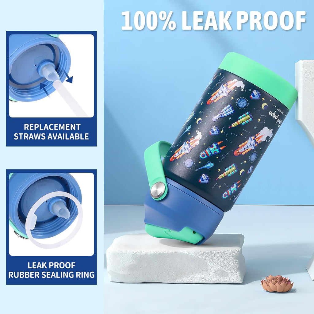 Rockpapa 14 Oz Kids Insulated Water Bottle - Stainless Steel, BPA Free, Leak-Proof | Blue Rocket Design
