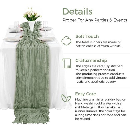 10PCS Sage Green Cheesecloth Table Runner 120*35ft Boho Gauze Fabric Cheese Cloth Table Runner Comes with 10 Cloth Napkins Runner for Romantic Wedding Birthday Shower Party Table Decoration