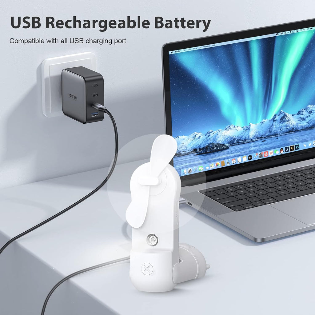 Skiennix Portable Misting Fan - Mini Handheld Fan with Rechargeable Battery & 3 Speeds | Travel-Friendly White