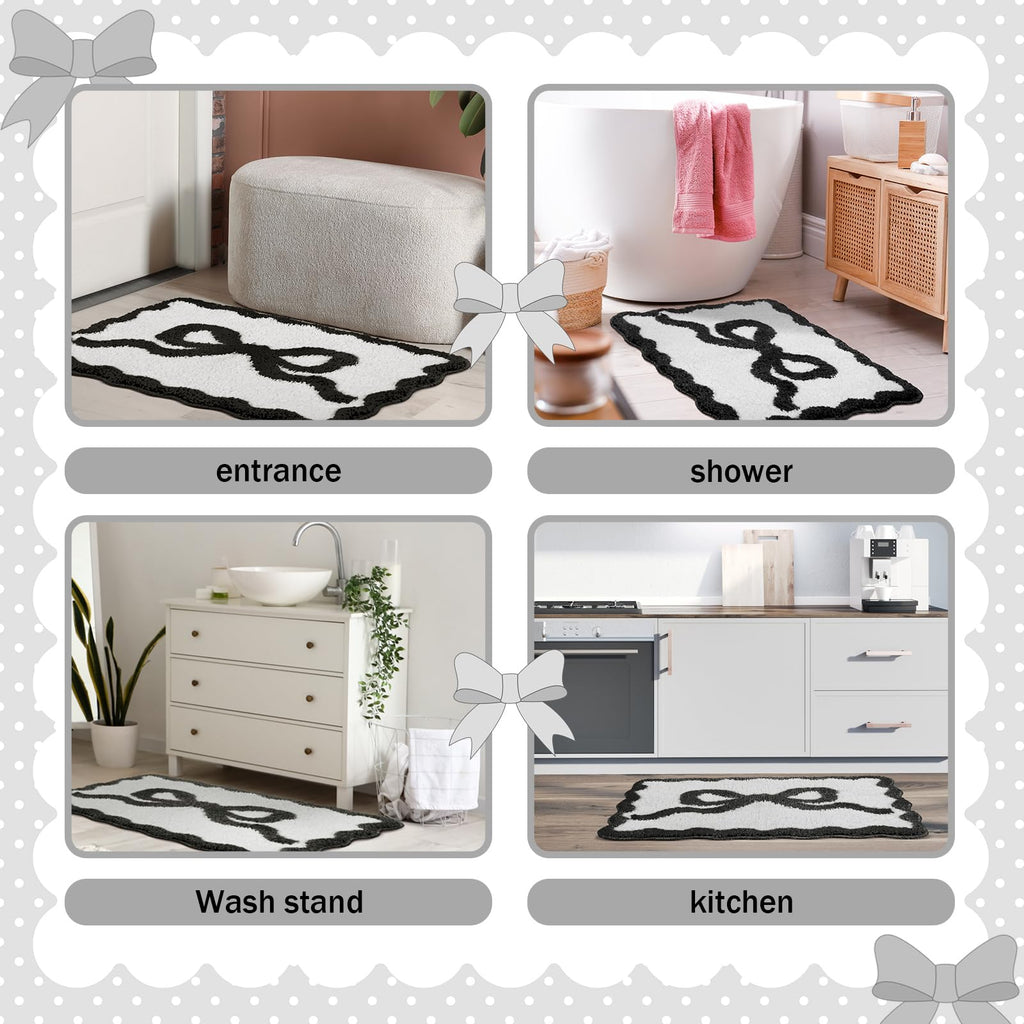 Tinideya Black Bow Bathroom Rug 16" x 24" Scalloped Bow Bath Mat Non Slip Cute Coquette Aesthetic Carpet Preppy Room Decor Microfiber Absorbent Mat for Mother's Day Bathtub Shower Bedroom Gift