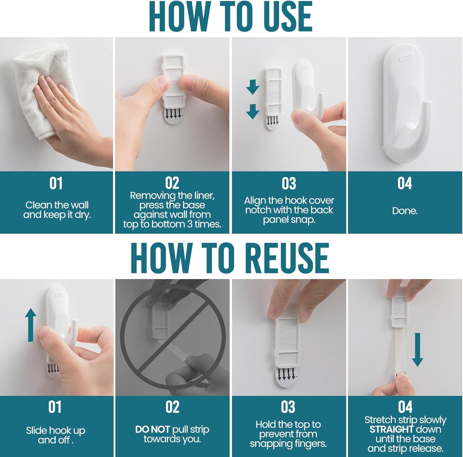 TAILI Heavy-Duty Hooks for Hanging | 6 Plastic Sticky Hooks with 8 Adhesive Strips - White, No Damage, Removable & Reusable
