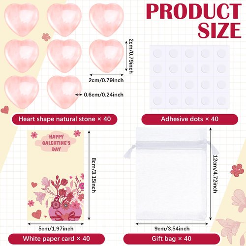 Threehoney 120 Pcs Galentine Gift for Women Bulk with Heart Shape Rose Quartz Galentine Greeting Card 2 x 3 Inch Heart Gemstones Organza Bags for Exchange Valentine Gifts Friends Party Supplies
