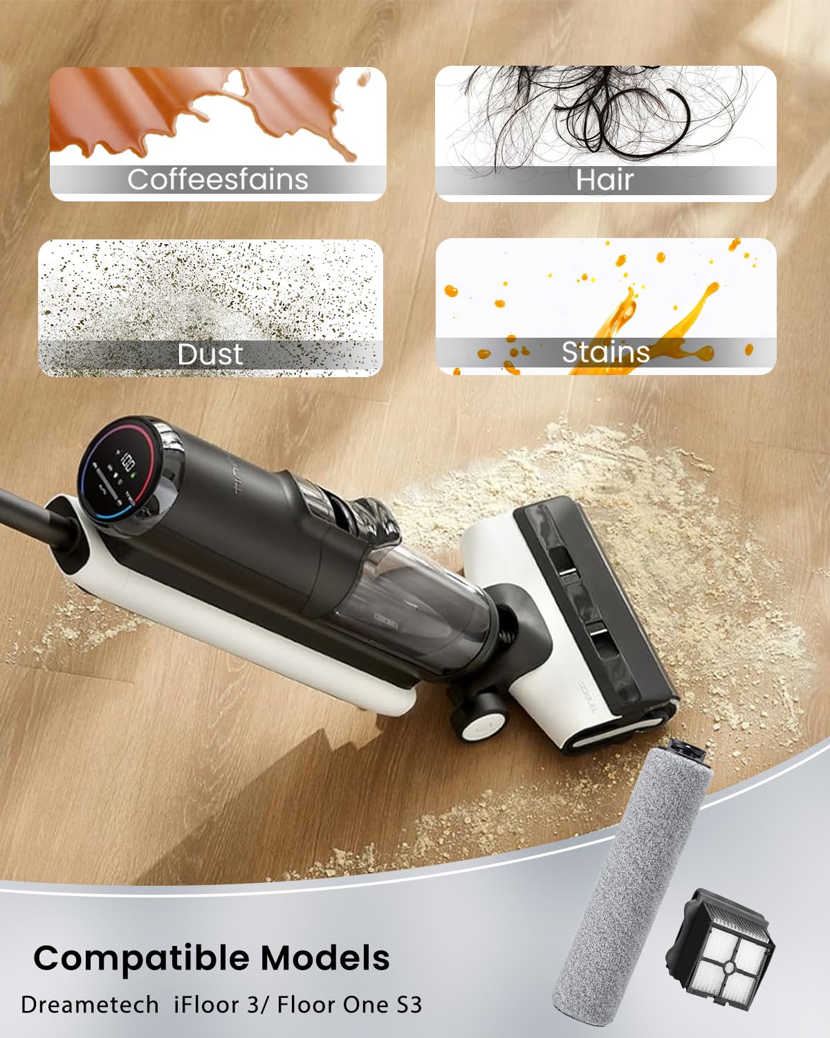 (7pcs) HEPA Filters & Replacement Brush Rollers Compatible For Tineco iFloor 3/ Floor One S3 Cordless Wet Dry Vacuum Cleaner, Replacement Parts Accessories Kit Inclue 3 Vacuum Filter, 3 Brush Rollers