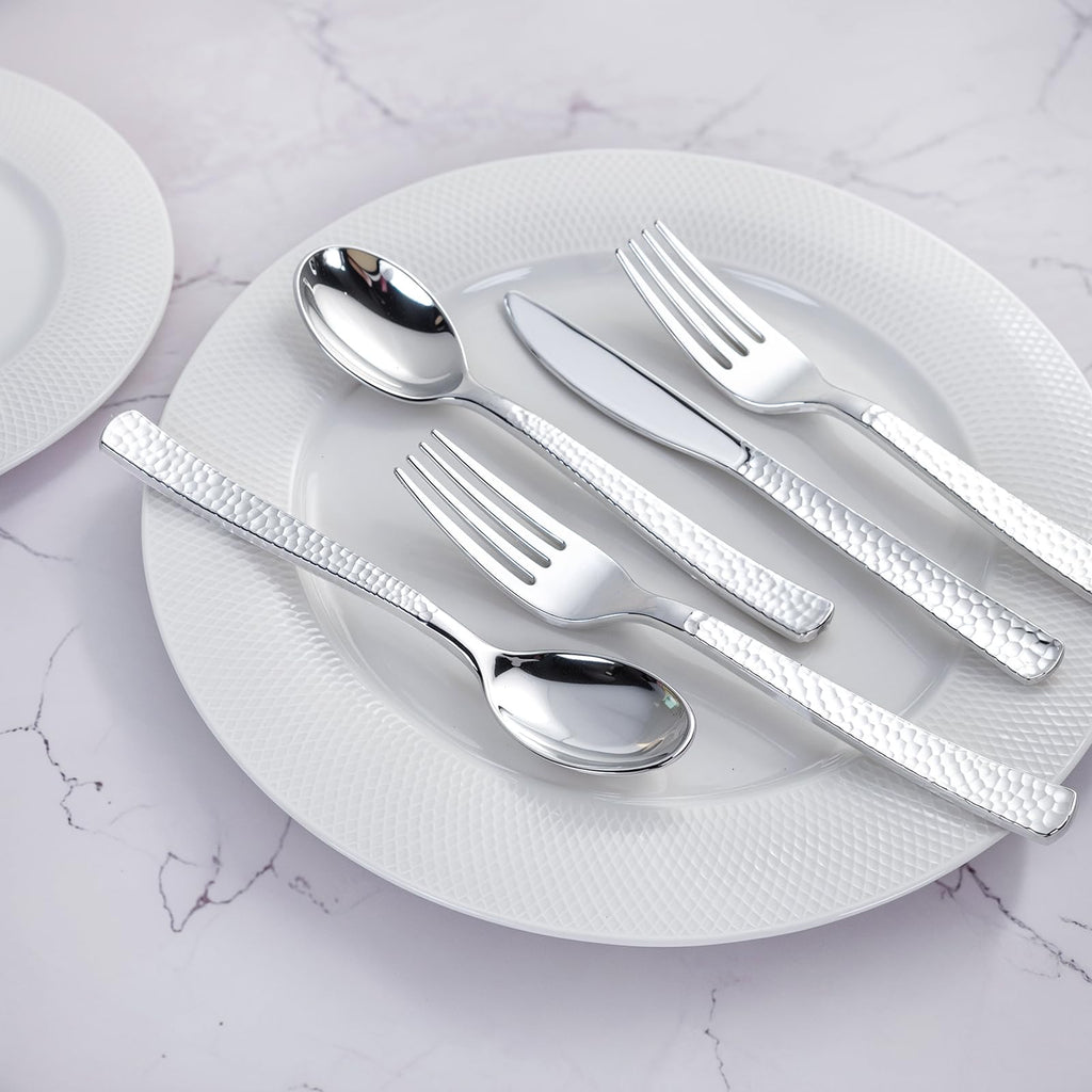 WELLIFE 75 Pack Silver Plastic Silverware,Pre Rolled Silverware Set Disposable,Disposable Cutlery Includes: 75 Forks, 75 Knives, 75 Spoons, 75 Napkins,Plastic Utensils for Party and Wedding