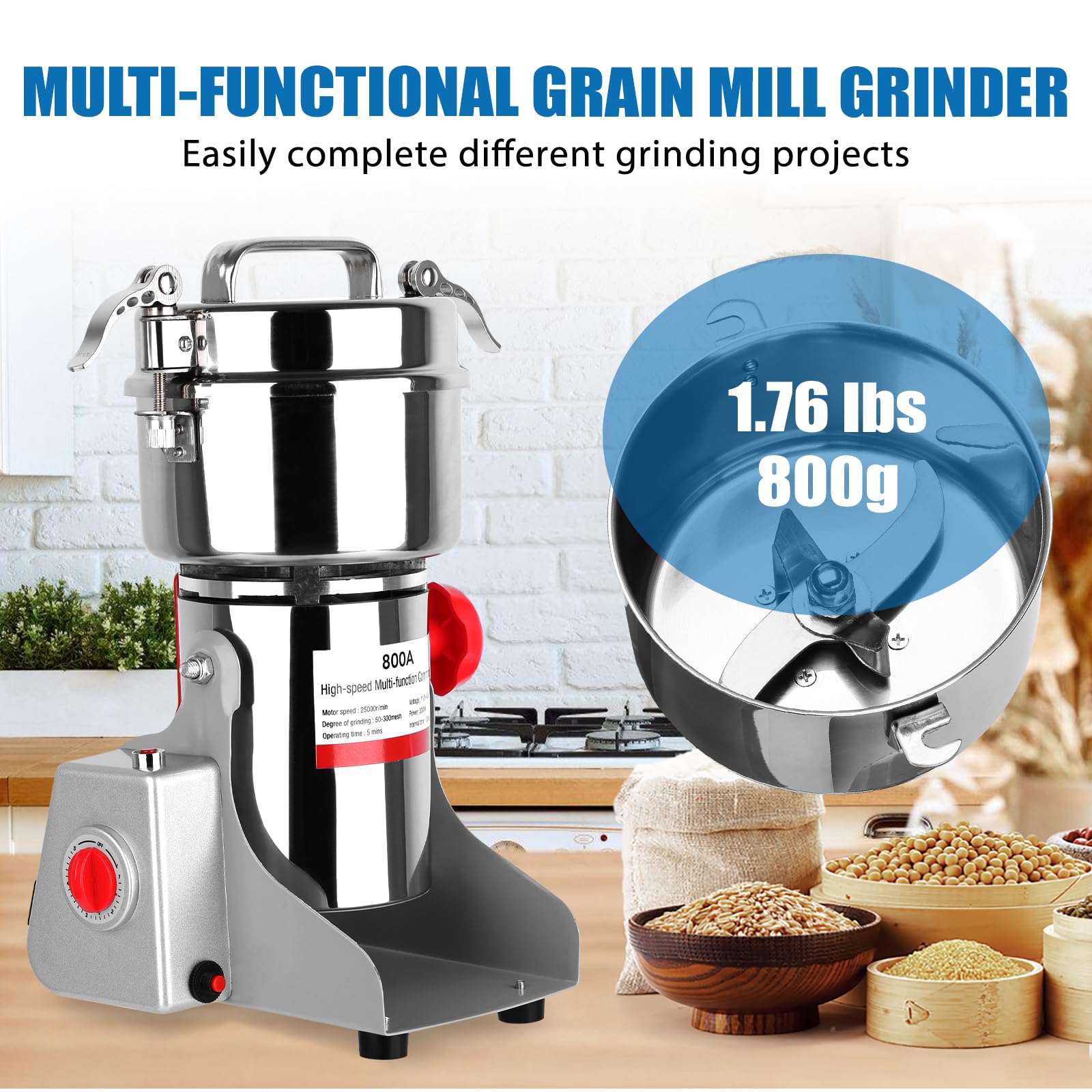 3000W Electric Grain Mill Grinder, 800g Stainless Steel Flour Mill Grinder for Home Use, High Speed Commercial Pulverizer for Dry Grains Spices Coffee Corn Pepper, Swing Type