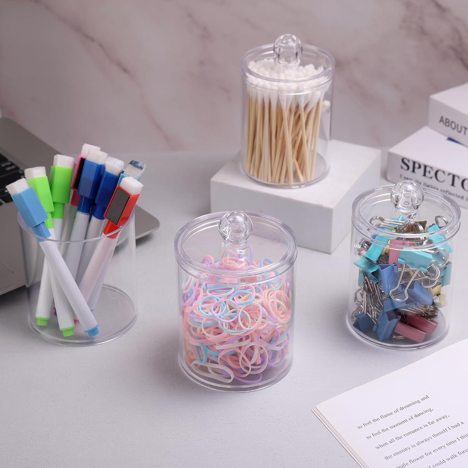 WEISHI Qtip Holder Dispenser - Clear Plastic Apothecary Jar for Cotton Balls, Swabs & Pads | 4 Pack Bathroom Storage