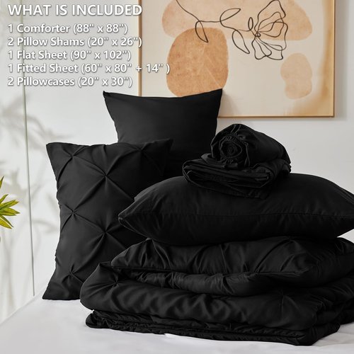 CozyLux Queen Comforter Set - 7-Piece Pintuck Bedding in Premium Black | Includes Comforter, Sheets & Pillowcases