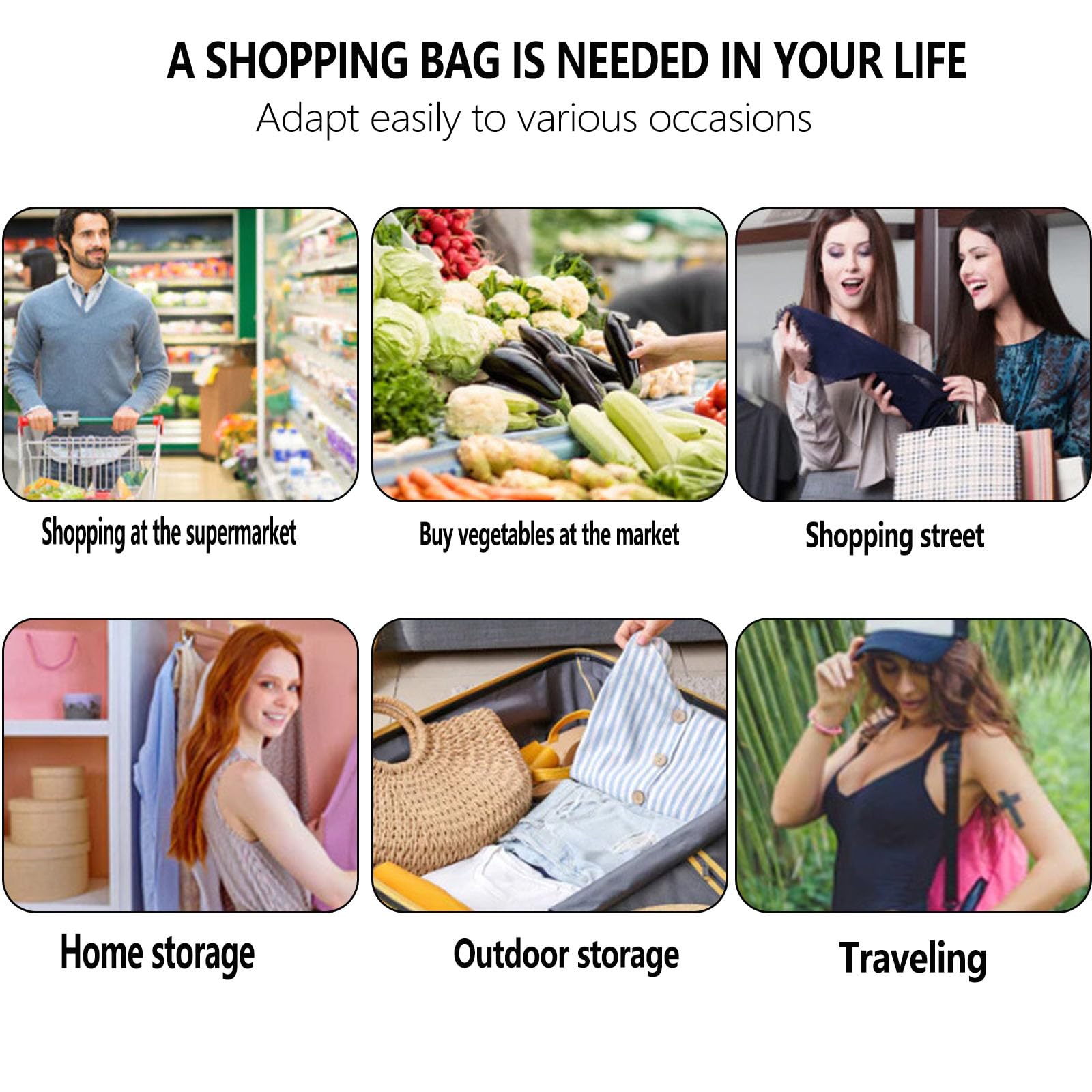 fxqtomio Reusable shopping tote bag, large capacity drawstring tightening top, foldable grocery tote bag, shoulder bag (Black)