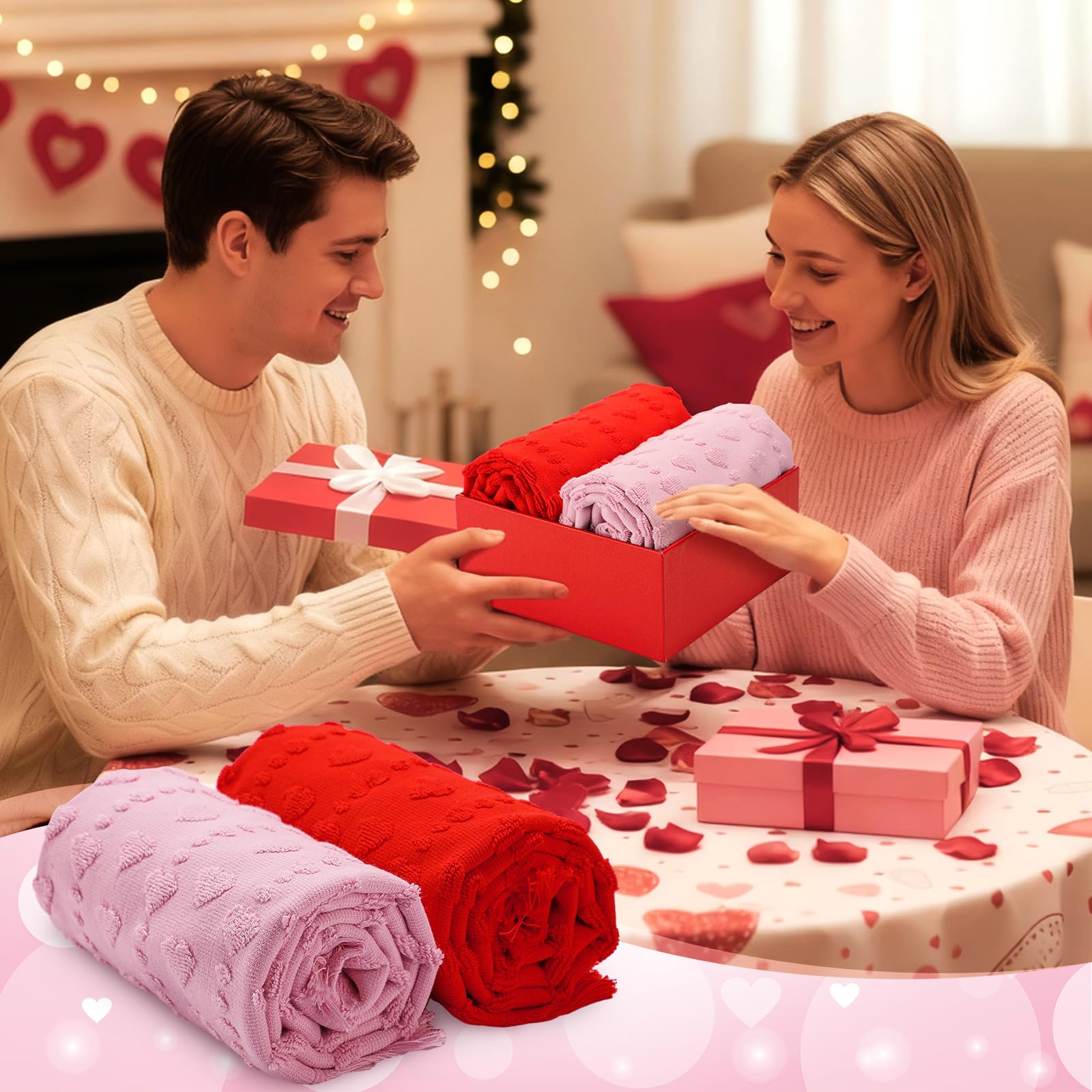 Peryiter 2 Pcs Valentine's Day 3D Heart Hand Towels with Tassel Valentines Decor 100% Cotton Red Pink Bathroom Towel Decorative Absorbent Bath Towel for Kitchen Drying Cleaning, 13.78 x 33.46 Inch