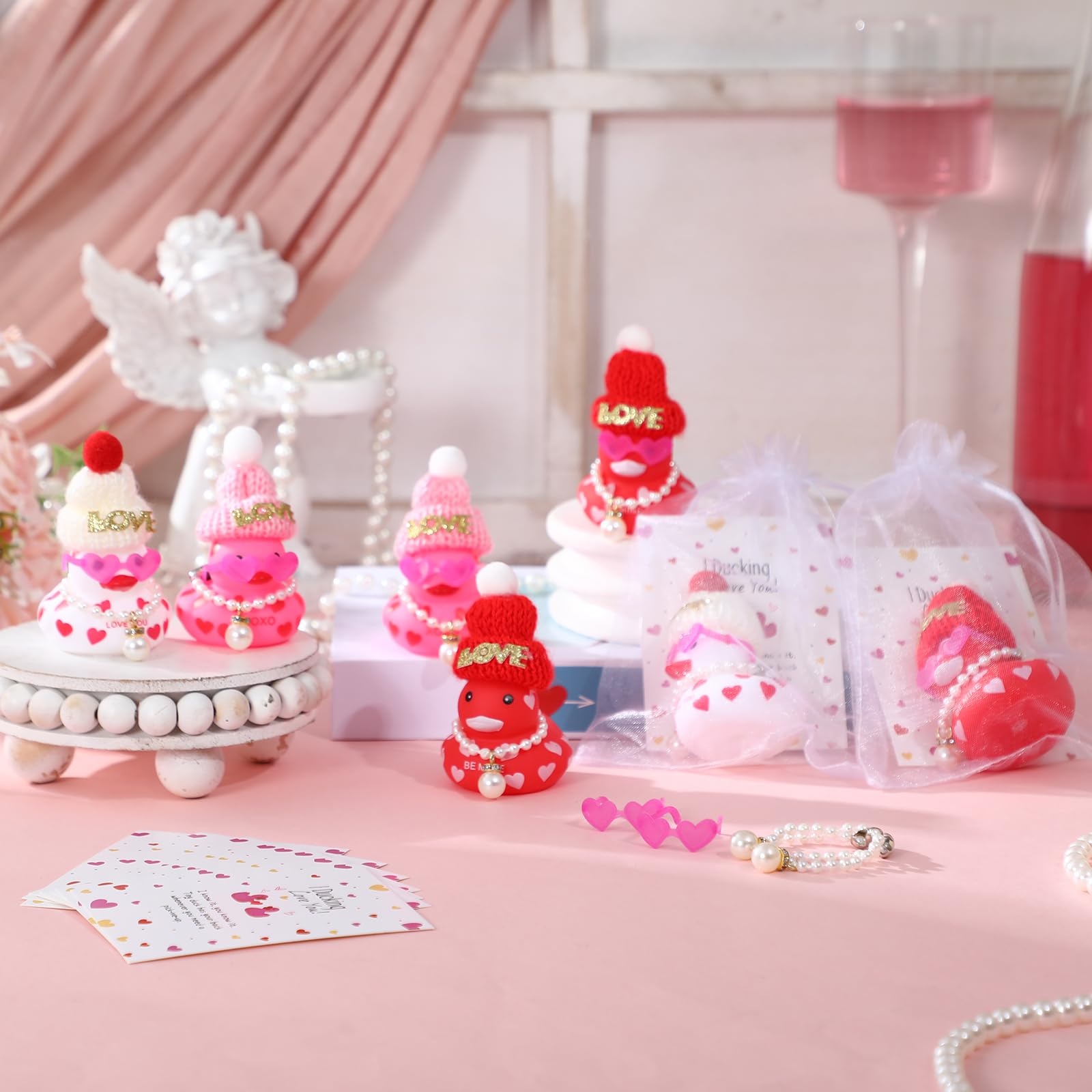 Lunmon 50 Pcs Valentine's Day Rubber Duck for Exchanging Gifts 50 Cards 50 Organza Bags 50 Hats 2 Inch Pink Red Heart Love Valentines Duck with Fake Pearl Necklace for Party Favors