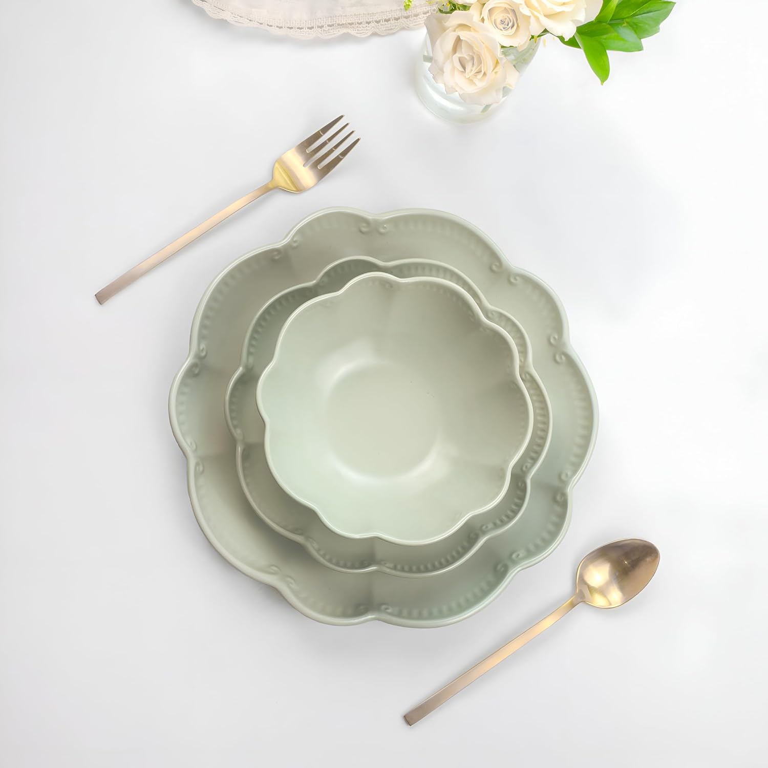 Sango 12-Piece Scalloped Dinnerware Set - Sage Green Ceramic Dishes for 4 | Chip Resistant & Dishwasher Safe