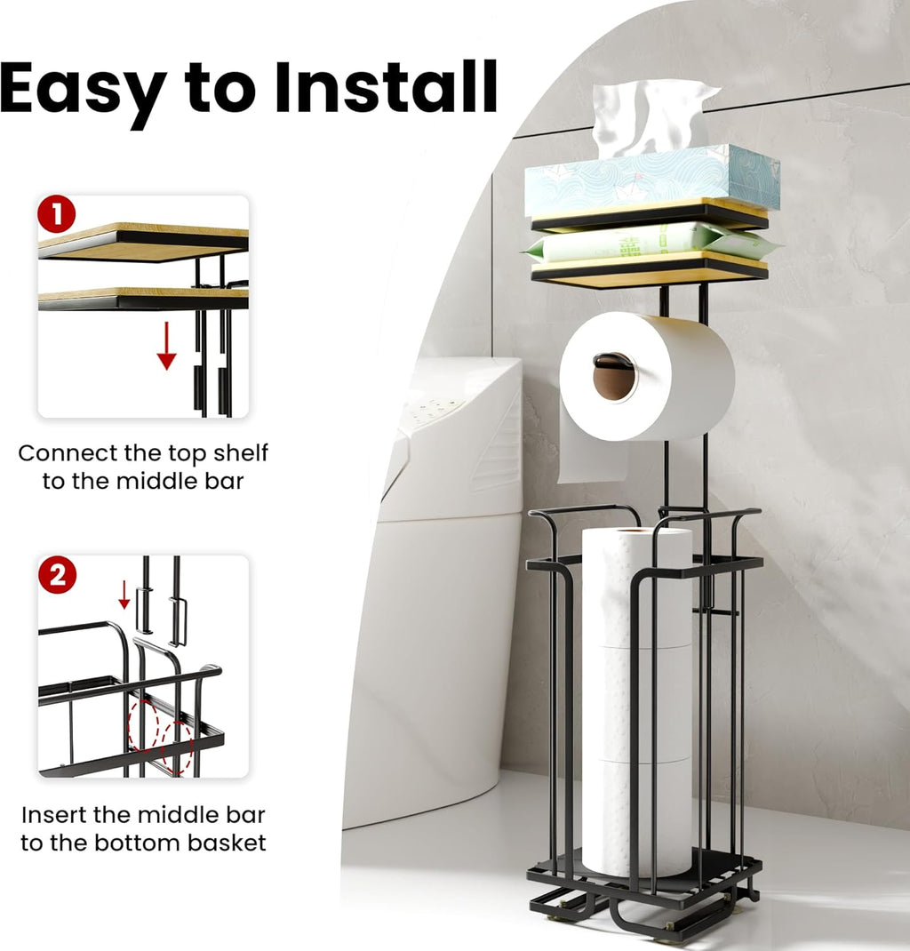 Skiennix Free Standing Toilet Paper Holder - Rustproof Metal Stand with Shelf for 4 Rolls | Black