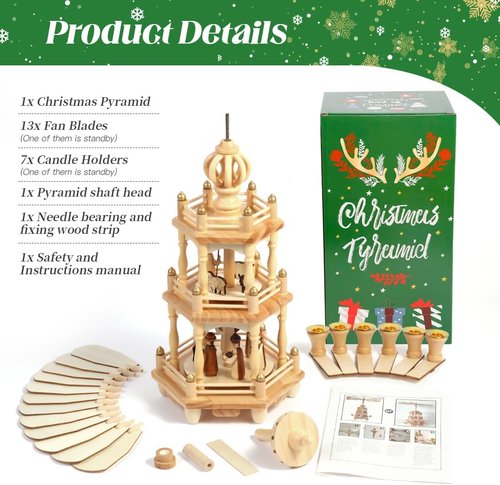 Christmas Pyramids | 18-Inch Wooden Nativity Scene Carousel with 6 Candle Holders - 3 Tiers