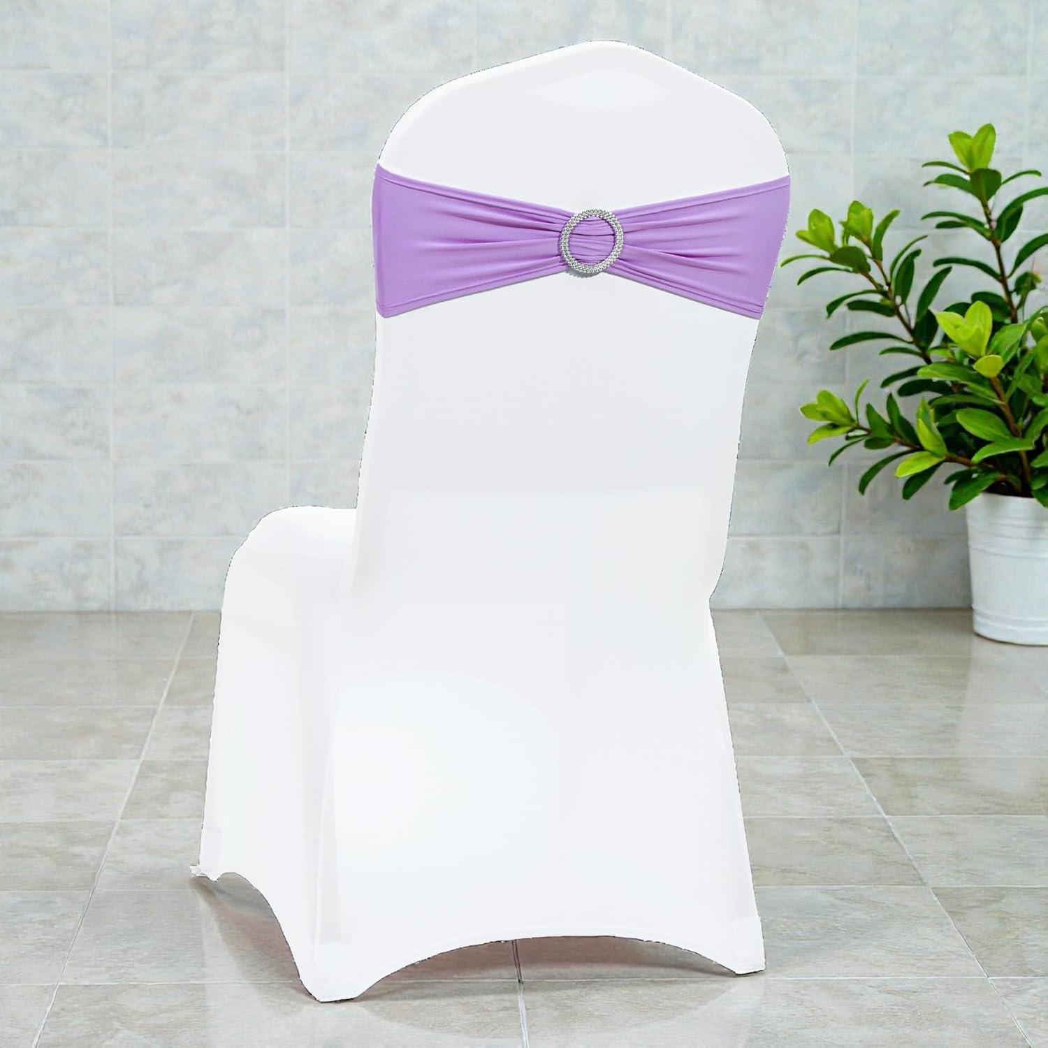 MDS Premium Spandex Chair Sashes - Stretchy Bow Covers with Buckle Slider | 25-Pack in Lavender