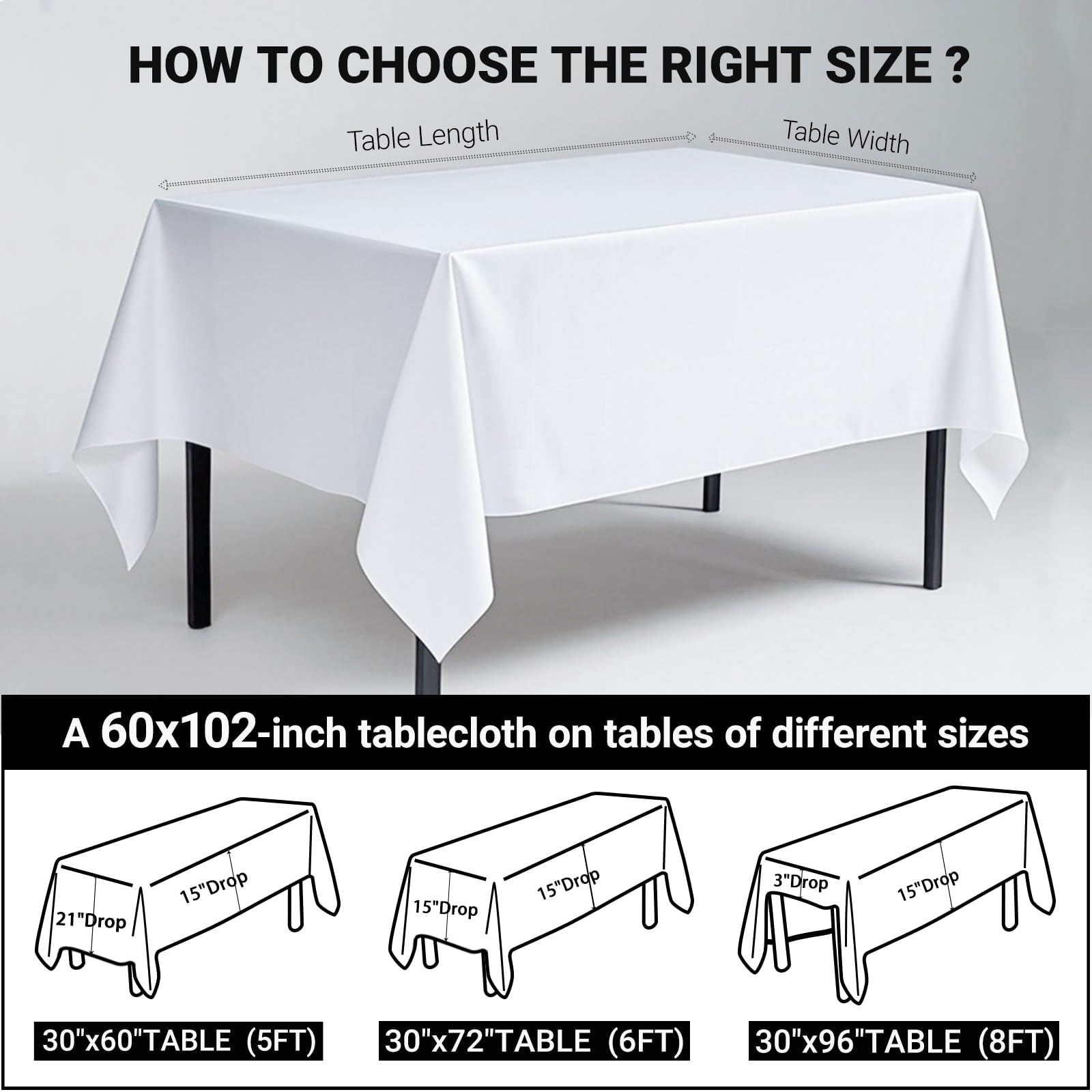 MRJ 60 x 102 Inch White Rectangle Polyester Table Cloth Machine Washable Wrinkle Resistant Fabric for Banquet Indoor Outdoor Use