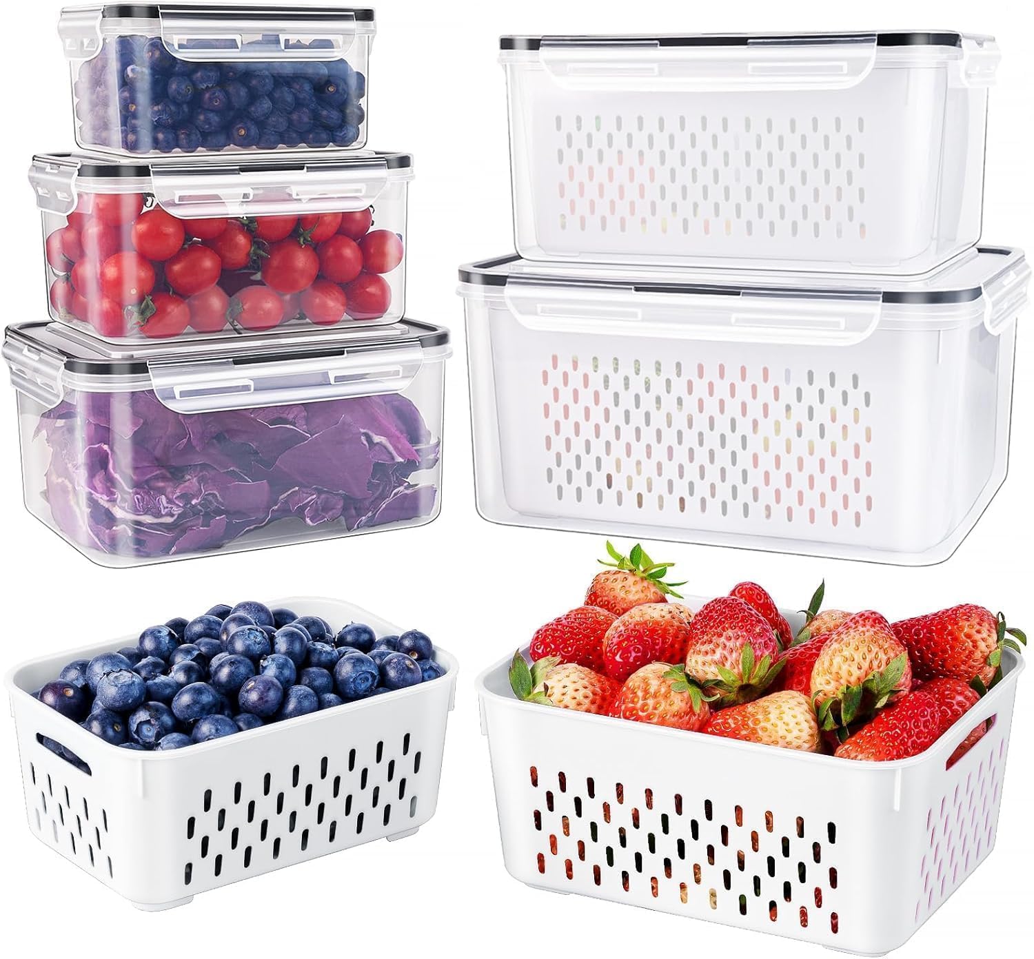 5 PCS Large Fruit Containers - Leakproof Food Storage with Removable Colander | Dishwasher & Microwave Safe
