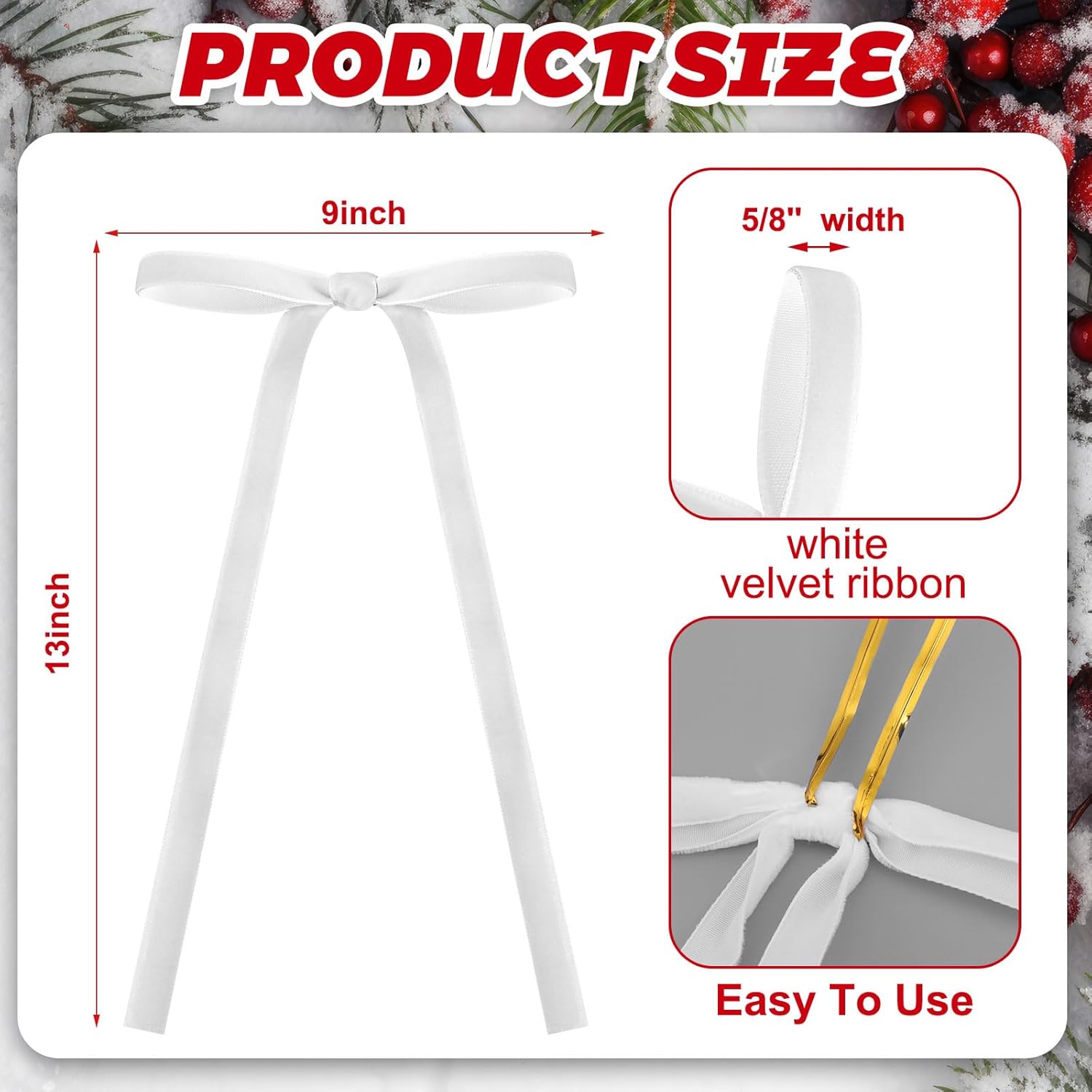 Skiennix 24 Pcs Velvet Bows - Vintage Ribbon Bows for Christmas Tree & Crafts | White, 9 x 13 Inch