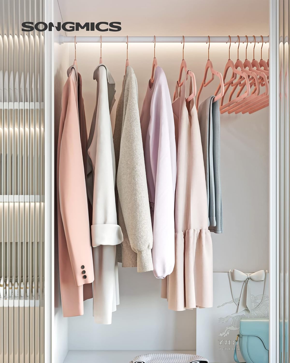 SONGMICS Velvet Hangers - Set of 50 Non-Slip Clothes Hangers with Rose Gold Swivel Hook | Coral Pink, 17.1-Inch