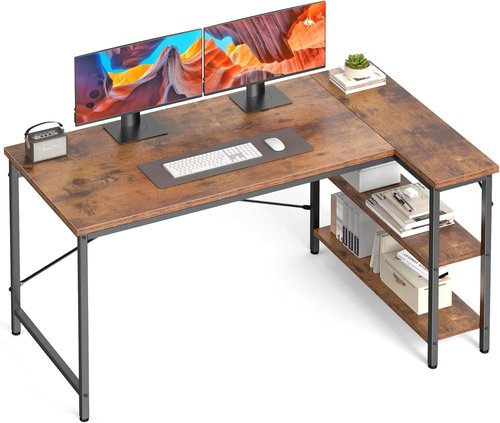 DUMOS L-Shaped Desk - 47-Inch Computer Desk with Reversible Storage Shelves | Rustic Brown Home Office Furniture