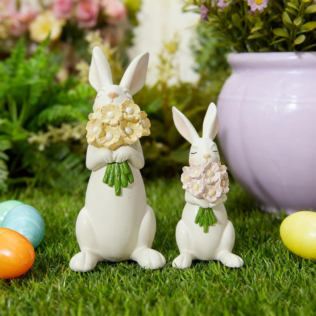 WDS WONDROUS Bunny Figurines Set - Cream White Bunnies with Pastel Flower Bouquets | Cute Spring Home Decor, Set of 2