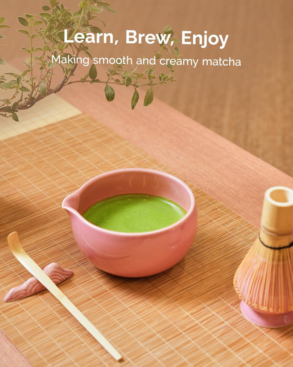 Maestri House Matcha Whisk Set - 7-Pc Complete Kit with Ceramic Bowl, Bamboo Whisk & Accessories | Perfect Gift for Matcha Lovers (Pink)