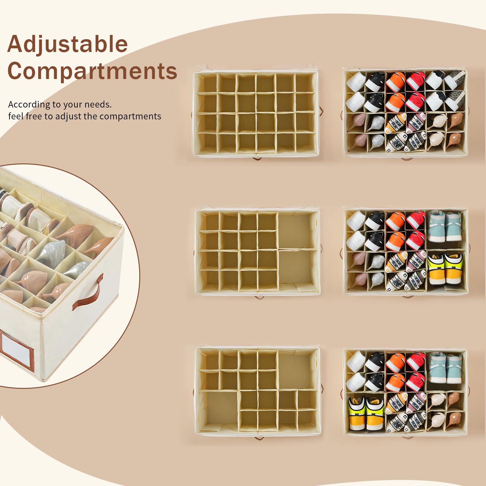 INSTY Shoe Organizer for Closet Fit 24 Pairs, Large Foldable Shoe Storage Containers Box Bin w/Adjustable Dividers and Clear Cover, Space Saving Shoe Storage Organizer Box, Beige