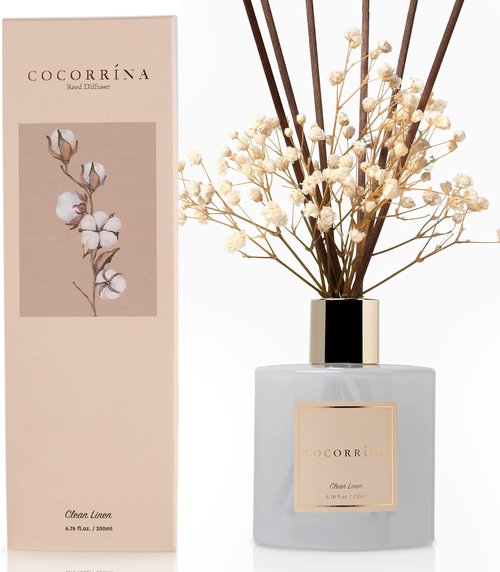 Cocorrína Reed Diffuser - Clean Linen Scented Home Fragrance Set | 6.7 fl oz with Sticks for Bathroom Decor