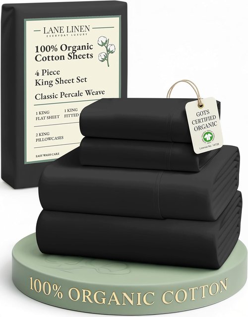 LANE LINEN 100% Organic Cotton King Size Bed Sheets - Soft, Comfy Percale Bedding Set in Black