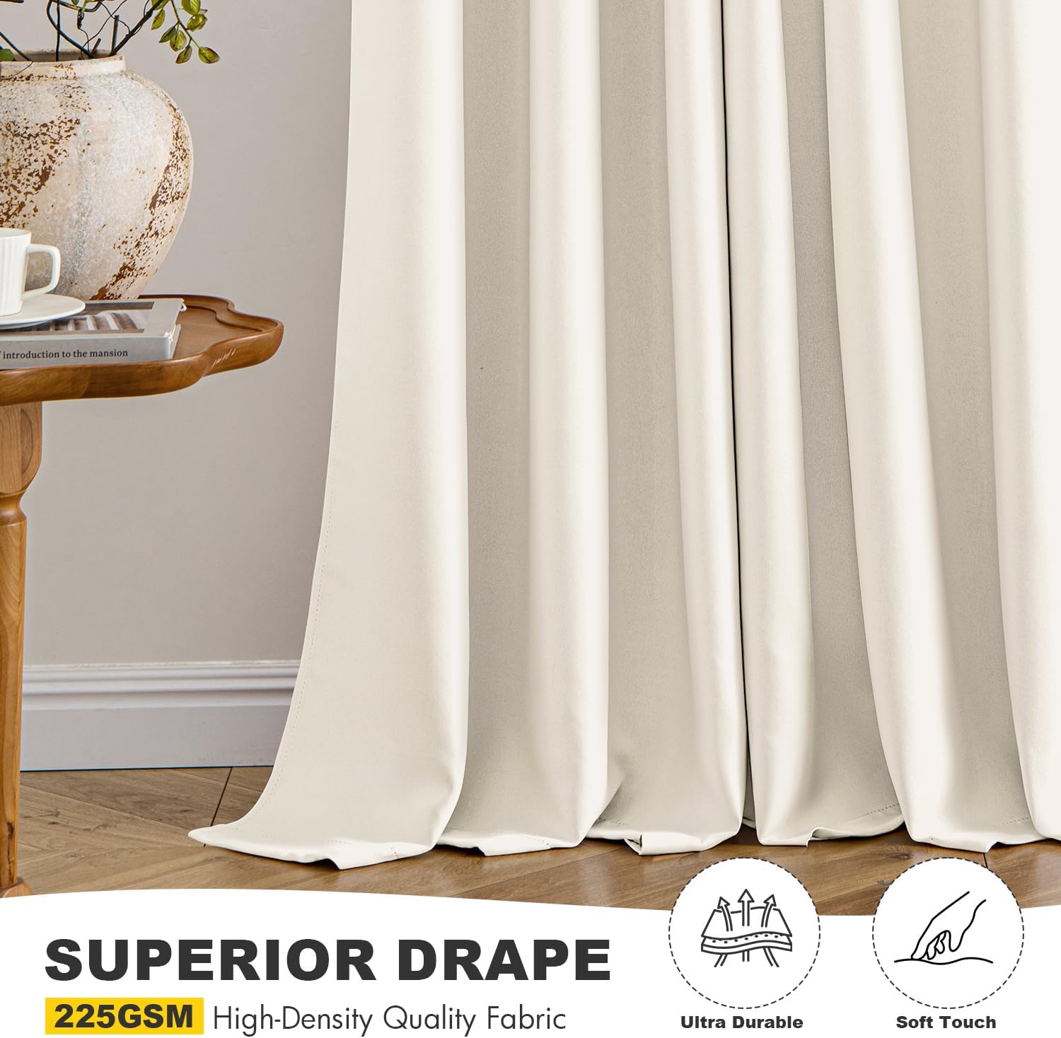 MIULEE Blackout Curtains - Thermal Insulated Room Darkening Drapes | 84 Inches Long, Beige & White, 2 Panels