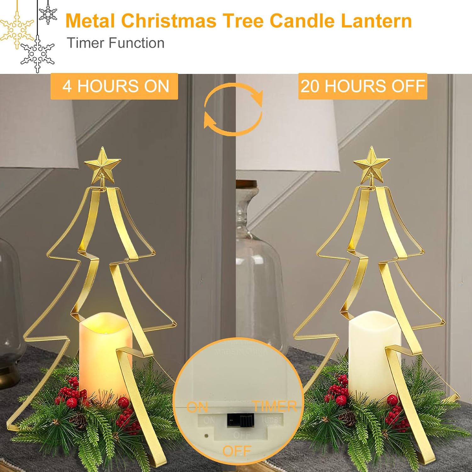 Regine Switzerland Christmas Table Centerpiece - Metal Tree Candle Holder with Battery Operated Light & Red Berries Decor