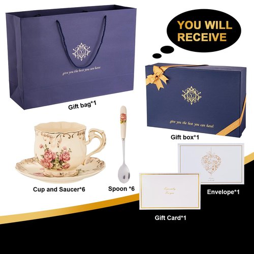YOLIFE 8 OZ Tea Cups and Saucers Set of 6, Ivory Porcelain Tea Cups Set with Stand, Rose with Gold Leaves Trim Design, Gift for Women (Includes Gift Box, Tote Bag, Greeting Card)