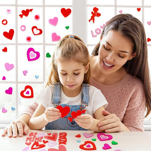 MARFOREVER 6 Sheets Valentine's Day Gel Window Clings, Heart Thick Gel Clings Pink Red Love Themed Valentine Window Stickers Decals for Classroom Office School Home Gift Giving Supplies