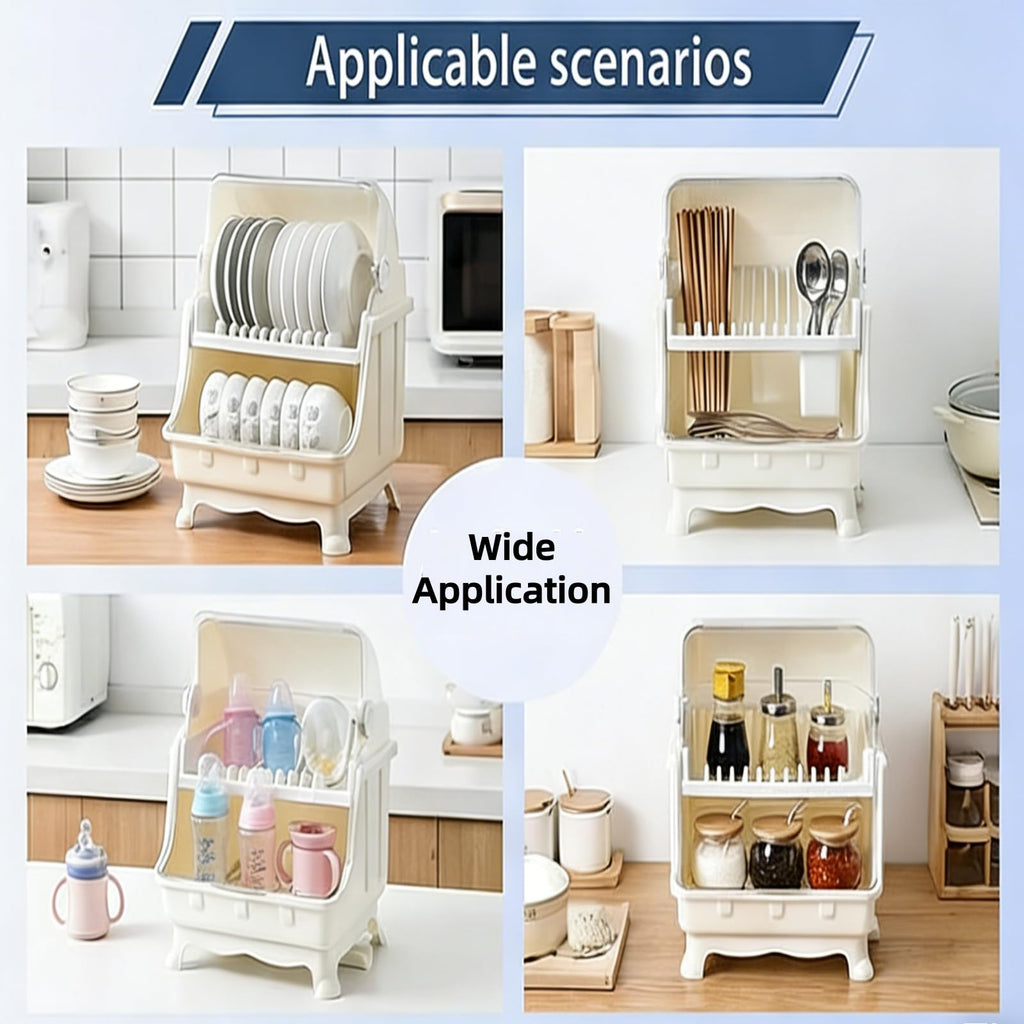 Pilipane Dish Drying Rack, Bottle Dryer Holder with Cover Lid and Removable Drainboard, Utensil and Cup Holder for Kitchen Counter, Dish Dryer Shelf, Medium Size, 16 x 13 x 18.3 Inch (White)