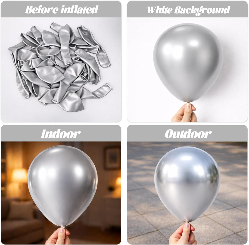 Voircoloria 110pcs Metallic Silver Balloons - 12 Inch Chrome Latex for Weddings, Birthdays & Celebrations
