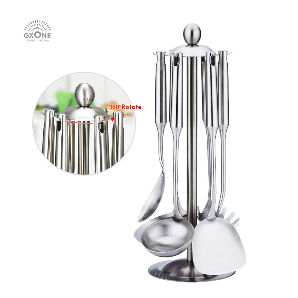 Kitchen Utensil Set – 6 Piece Stainless Steel Cooking Utensils with Rotating Holder Organizer Includes Slotted Spoon, Slotted Spatula, Large Spoon, Soup Ladle, Spatula, Pasta Server Silver/7PCS