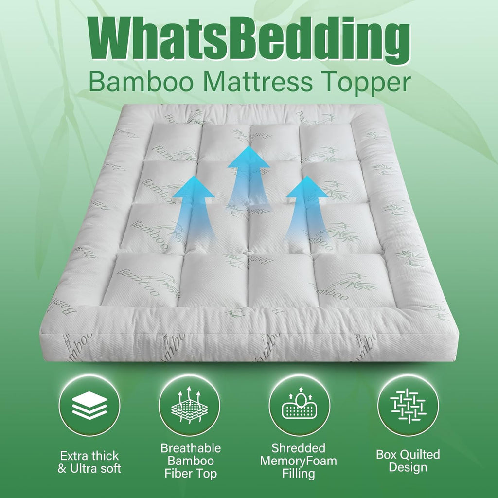 WhatsBedding 5-Inch Memory Foam Mattress Topper - Bamboo Viscose, Breathable & Soft | Queen Size 80x60in
