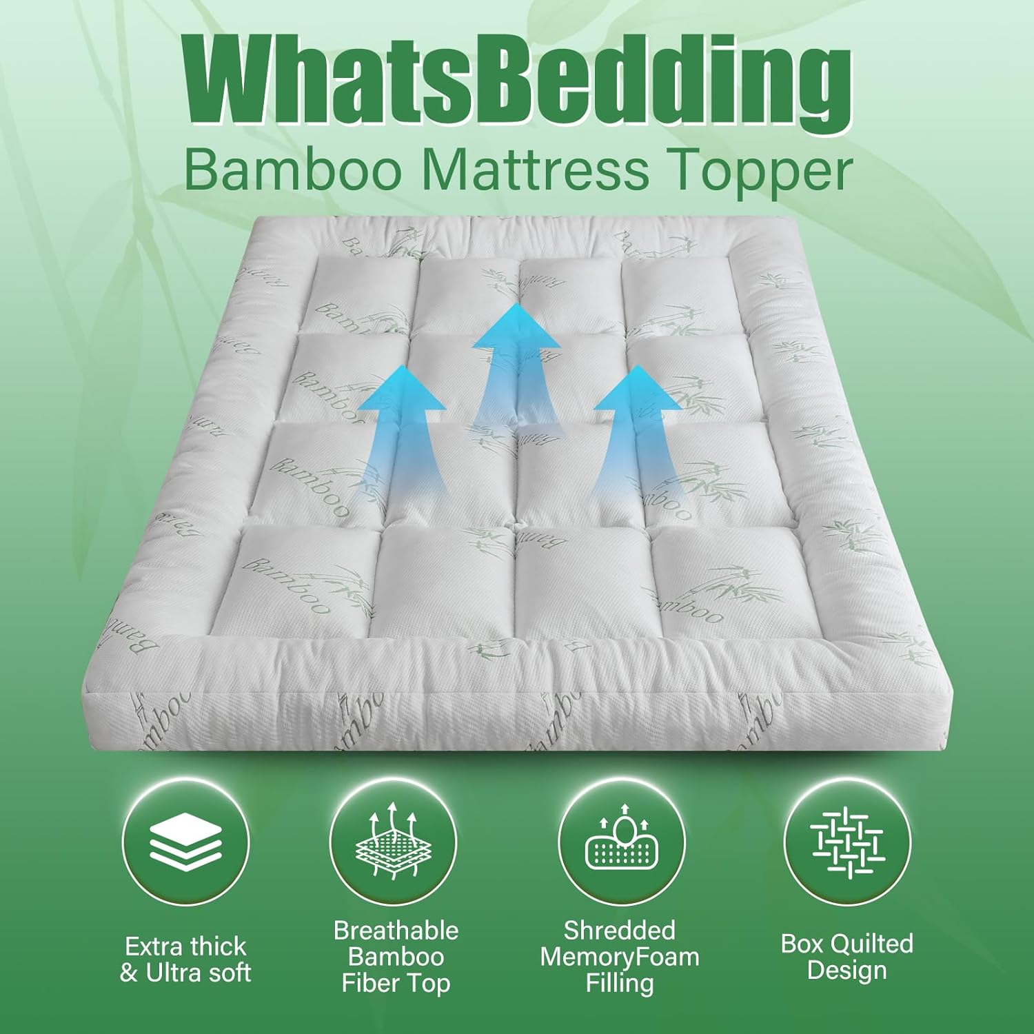 WhatsBedding 5-Inch Memory Foam Mattress Topper - Bamboo Viscose, Breathable & Soft | Queen Size 80x60in