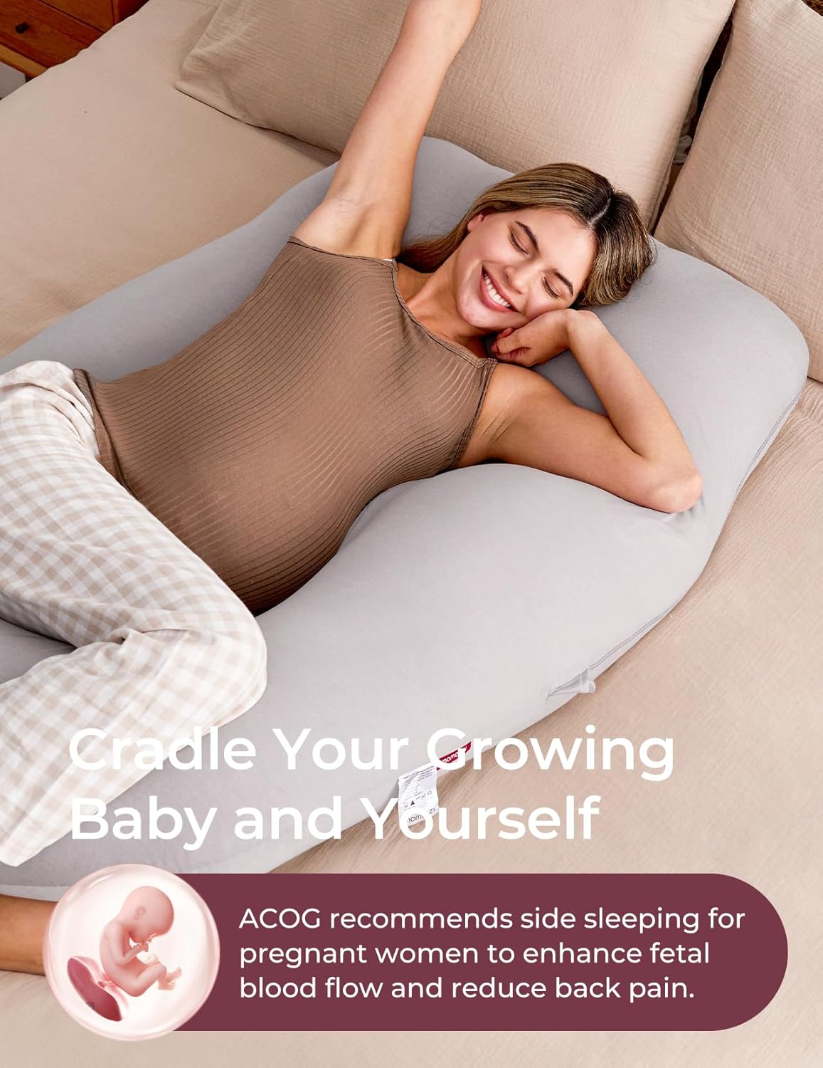 Momcozy U Shaped Pregnancy Pillow - Full Body Support with Removable Jersey Cotton Cover, 57 Inch, Grey