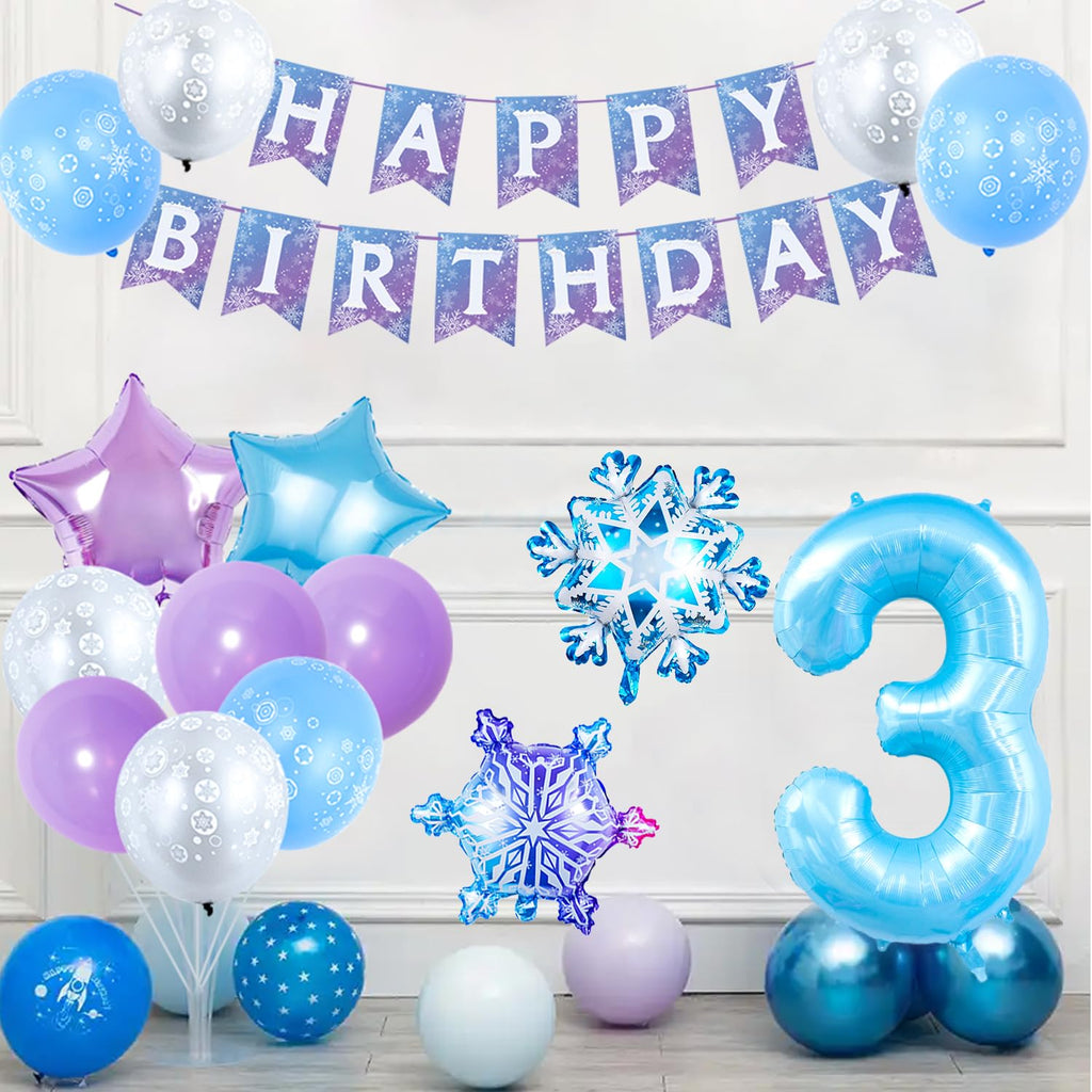 Frozen Birthday Party Decorations, with 40 Inch Blue Number 3 Balloon, Frozen Birthday Banner and Foil Snowflake Balloons for 3rd Party Decor Supplies