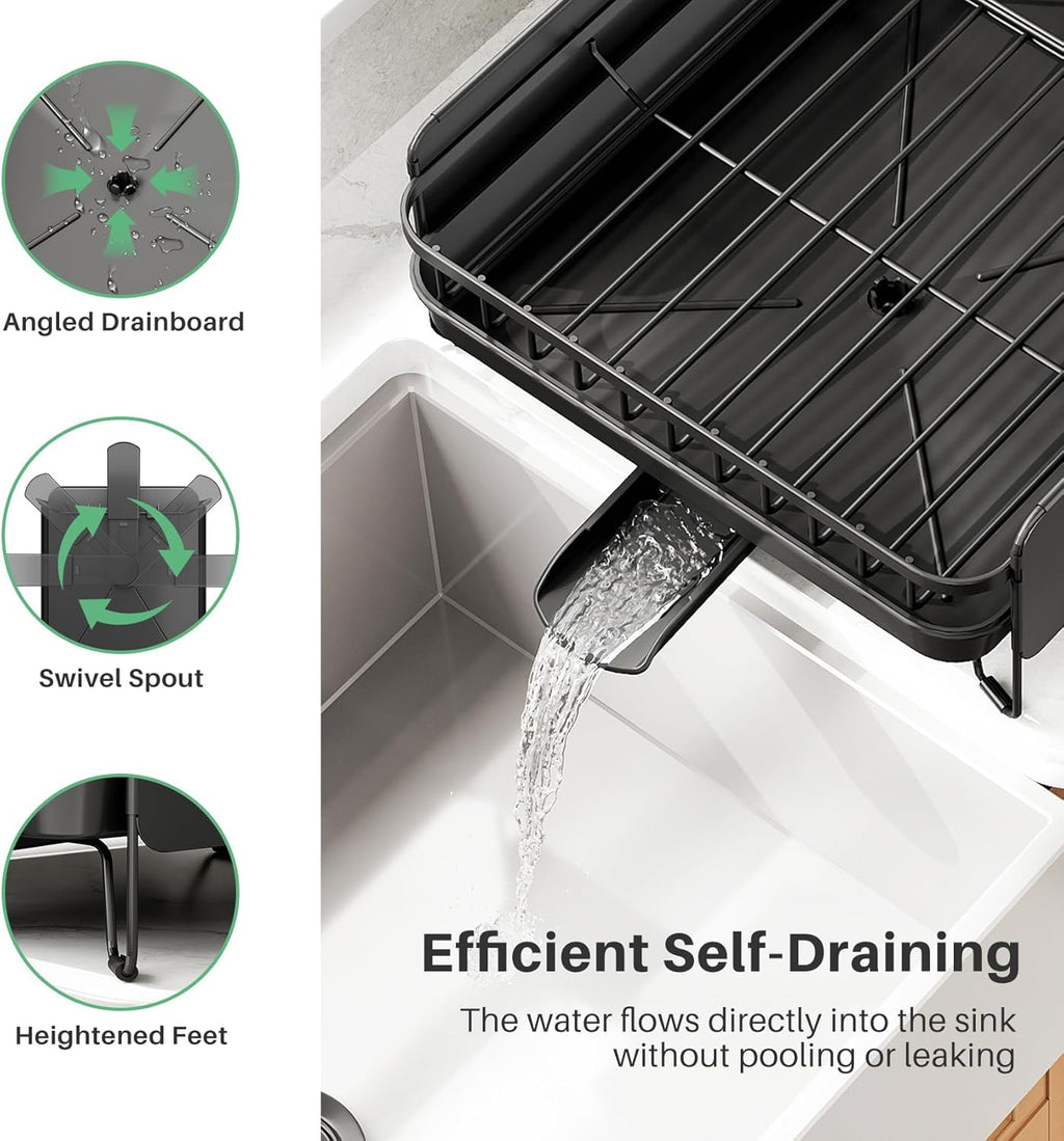 SNTD Large Dish Drying Rack - Expandable Stainless Steel Kitchen Dish Drainer | 19.3" to 29.4" with Utensil Holder & Pan Lid Holder (Black)