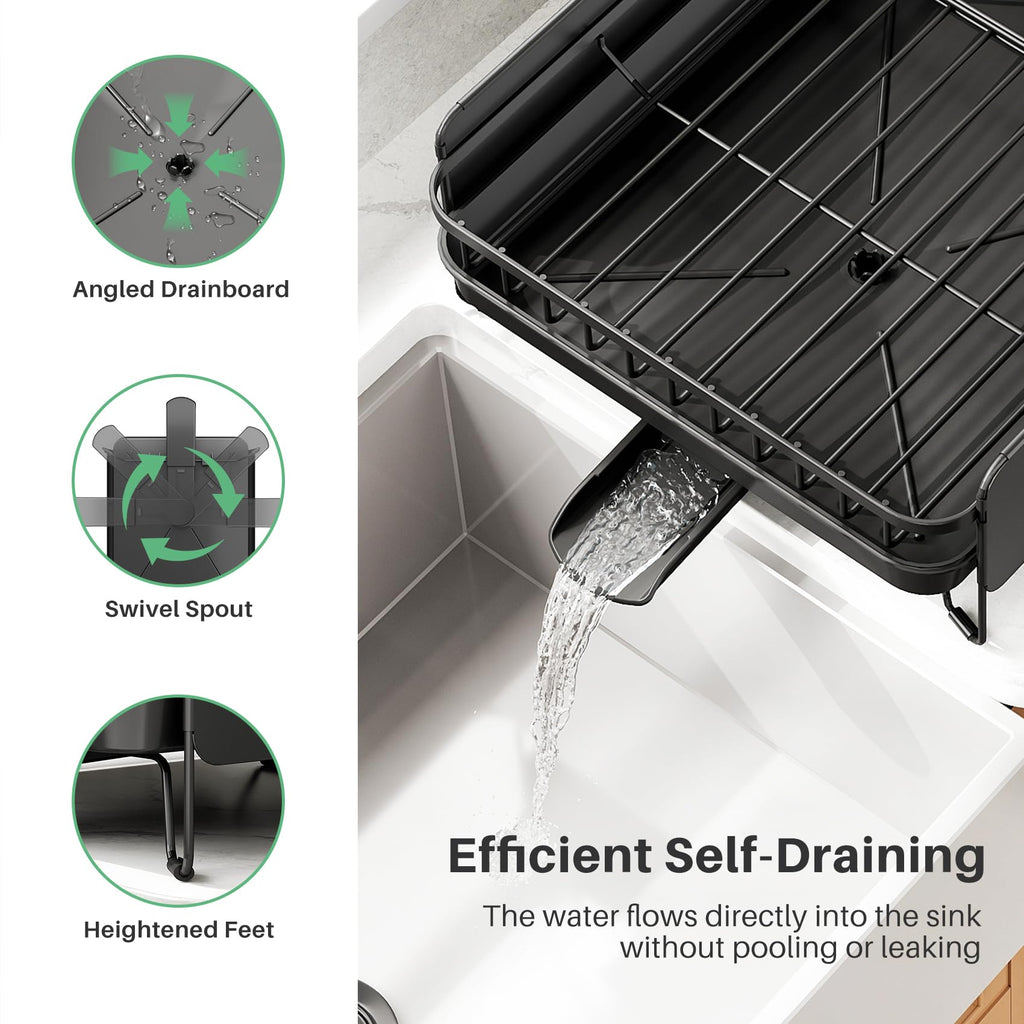 SNTD Large Dish Drying Rack - Expandable (19.3" to 29.4") Dish Rack for Kitchen Counter, Stainless Steel Dish Drainer with Utensil Holder, Pan Holder & Pot Lid Holder (Black)