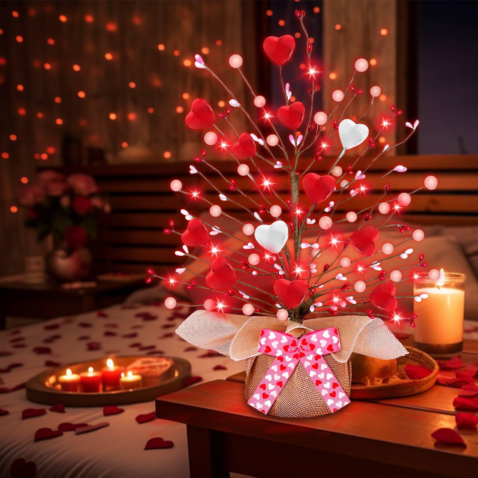 Valentines Day Decorations,Timer Lighted Valentine's Day Tree Tabletop with 20 Red Lights Battery Operated 16 Inch 12 Heart 48 Pink Berries Artificial Tree Valentine's Day Decor Home Party Wedding