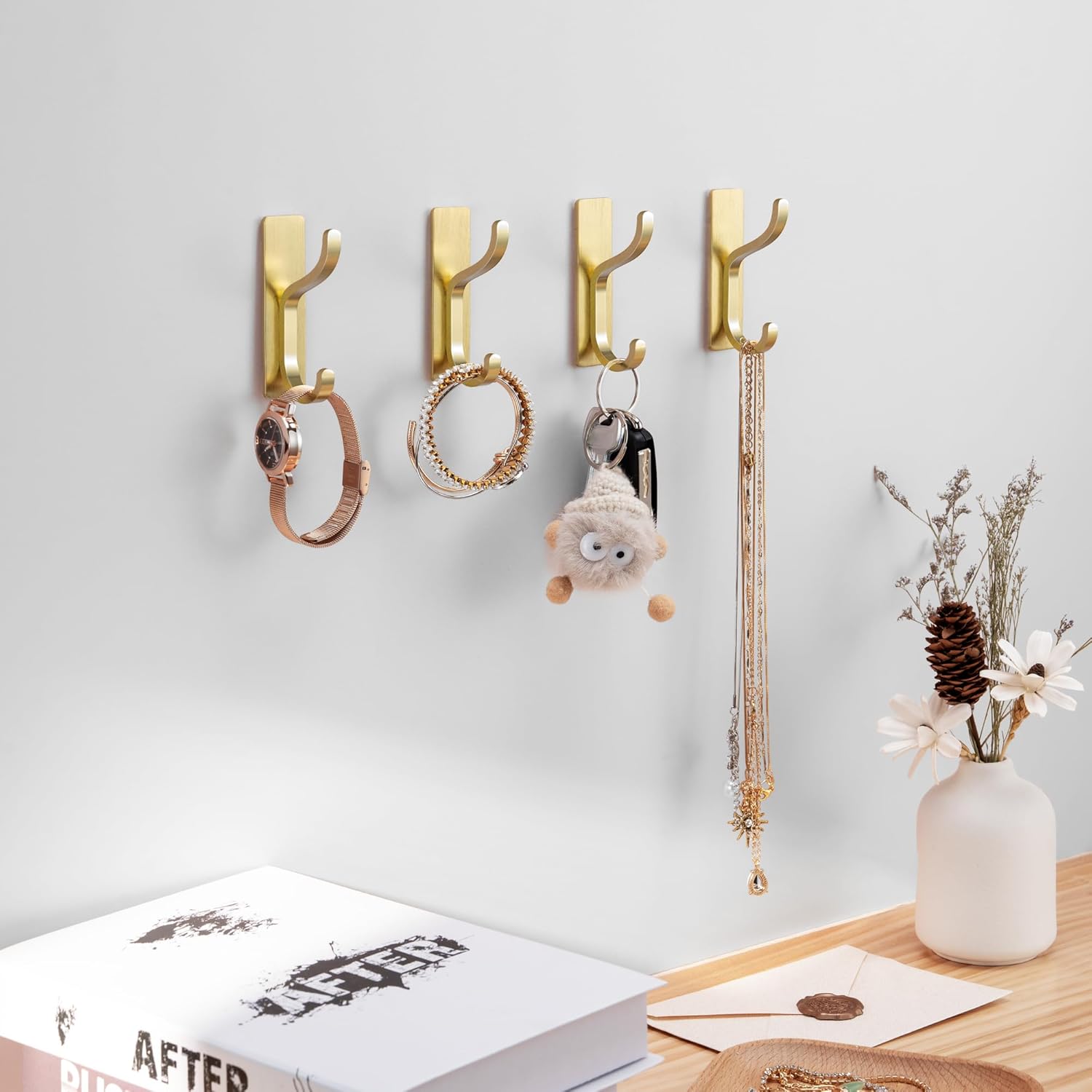 Pickpiff Adhesive Wall Coat Hooks - Heavy-Duty Stick-On Metal Hangers for Towels, Bags & Clothes - Gold, 6 Pack