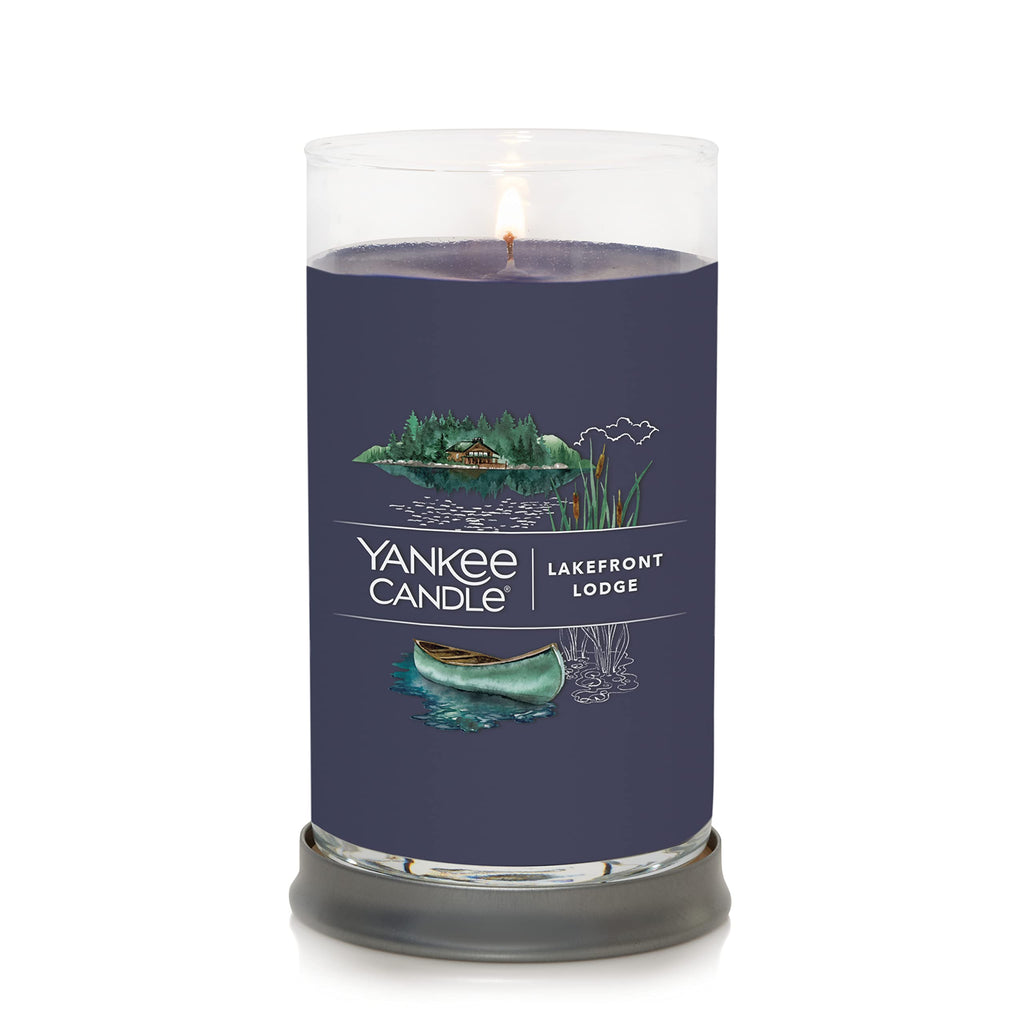 Yankee Candle Lakefront Lodge Signature Medium Pillar Candle - 14.25oz., Dark Blue - Soy Wax Blend, Metal Lid Coaster - Home & Kitchen Décor